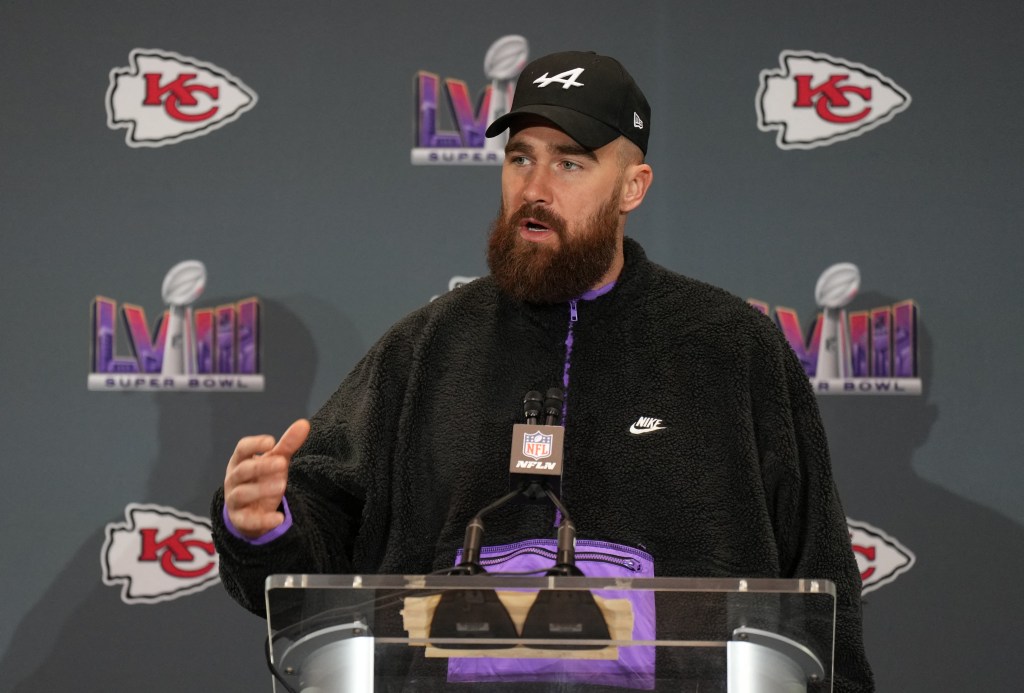 Chiefs tight end Travis Kelce (87) during a press conference before Super Bowl LVIII