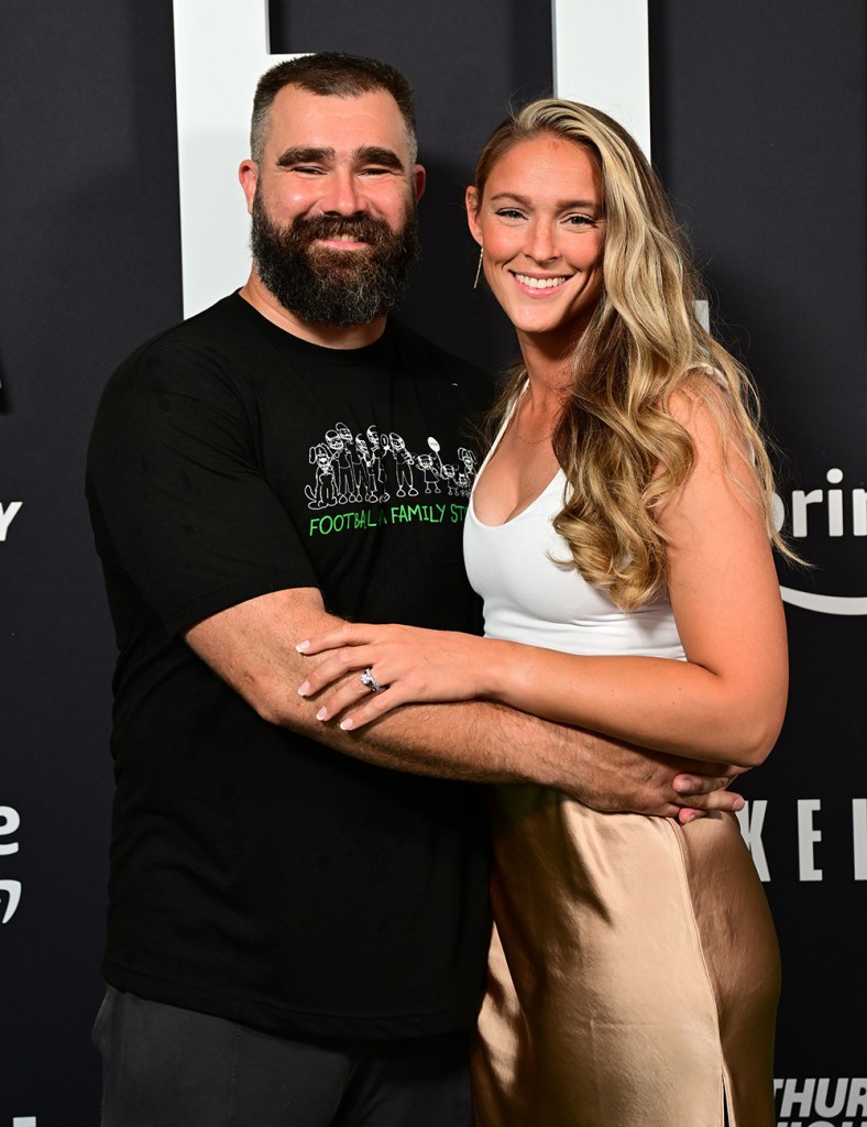 Jason Kelce and Kylie Kelce attend the world premiere of "Kelce" on September 8, 2023 in Philadelphia, Pennsylvania.  