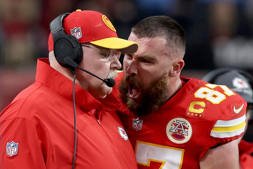 Travis Kelce yelled in Andy Reid's face during the second quarter of Super Bowl 2024.