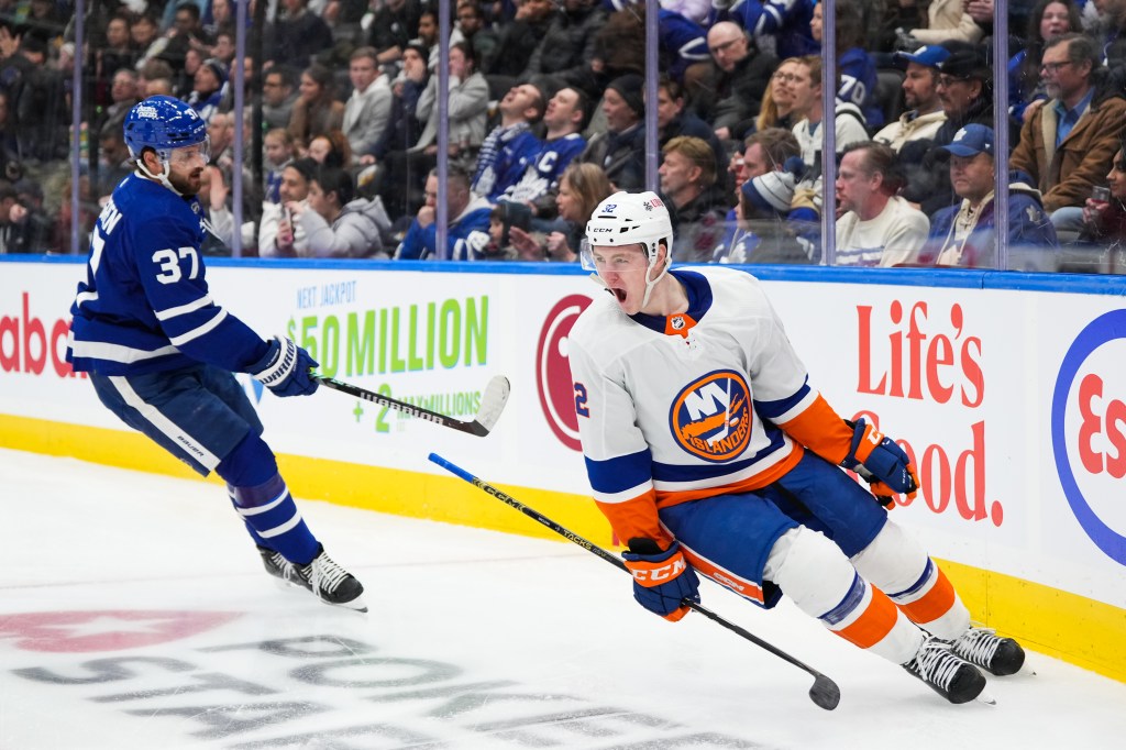 Kyle MacLean celebrates scoring against the Toronto Maple Leafs at Scotiabank Arena on Feb. 5, 2024.