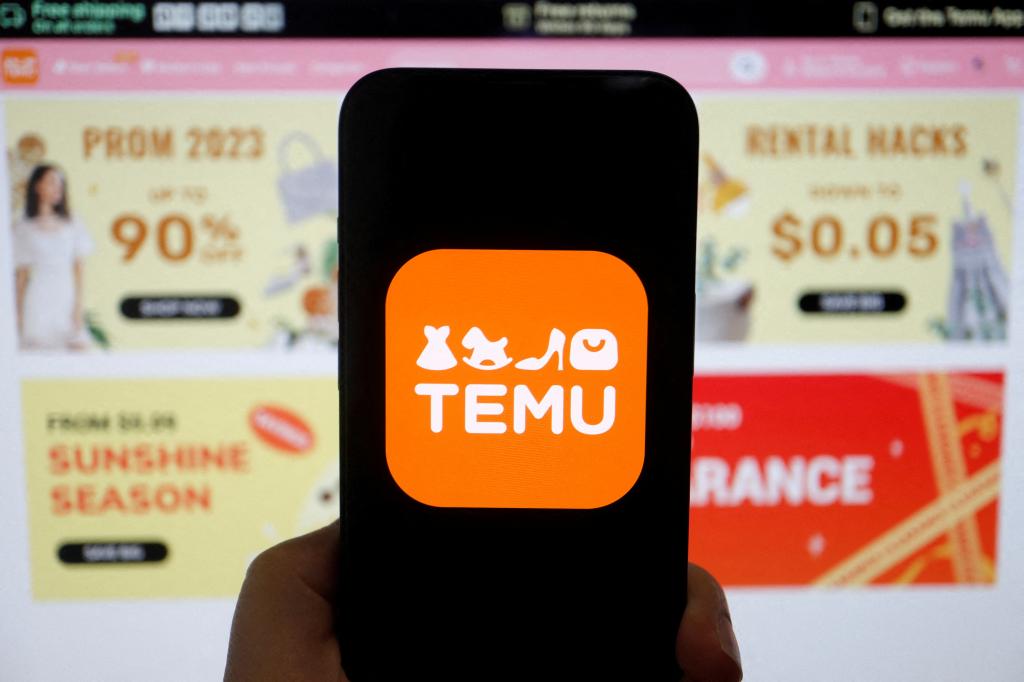 The logo of Temu, an e-commerce platform, displayed on a phone screen in front of its website.