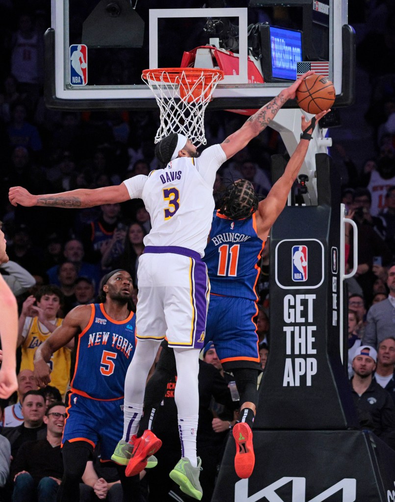 Jalen Brunson's shot is blocked by Anthony Davis during the Knicks' loss to the Lakers on Feb. 3, 2024. 