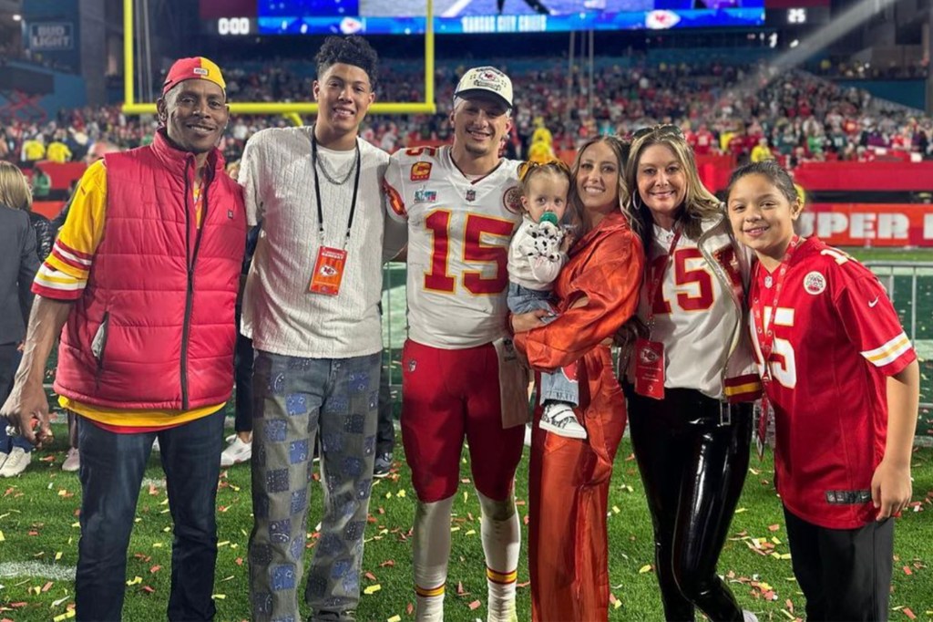 The Mahomes family celebrates the Chiefs' Super Bowl 2023 win in February 2023.