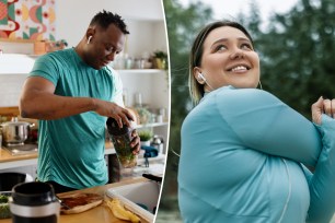 Man making healthy smoothie in gym clothing