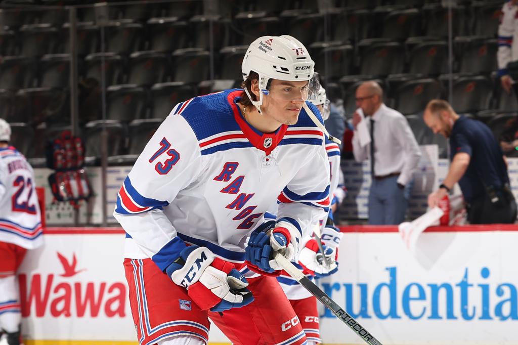 Matt Rempe #73 of the New York Rangers warms up prior to the game against the New Jersey Devils