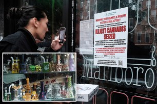 A New York State notice posted at a business announcing the seizure of illicit cannabis, authorities crackdown on unlicensed smoke shops in NYC.