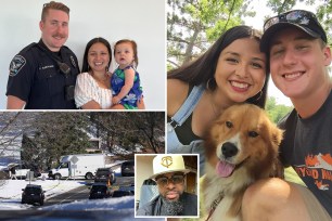 Composite image: Cindy Elmstrand-Castruita, officer Paul Elmstrand and their children, gunman Shannon Gooden