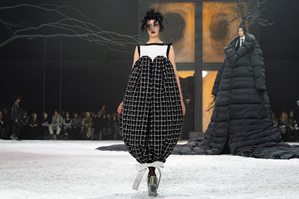 Model wearing black and white dress walks runway during Thom Browne fall/winter 2024 fashion show, NYFW, Feb 14 2024. Photo by Peter K. Afriyie.