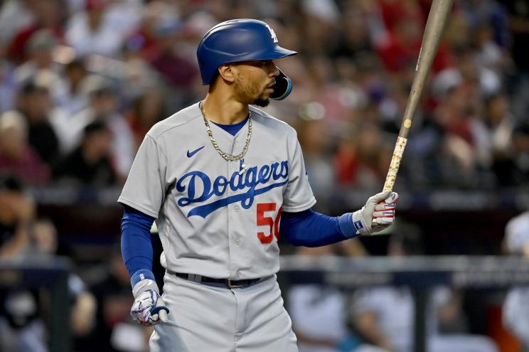 .Mookie Betts #50 of the Los Angeles Dodgers bats in the first inning against the Arizona Diamondbacks during Game Three of the Division Series.