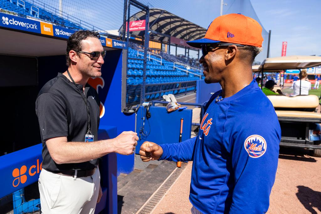 Former New York Met Daniel Murphy greets Francisco Lindor before a game against the St. Louis Cardinals during Spring Training at Clover Park, Wednesday, Feb. 28, 2024, in Port St. Lucie, FL. 