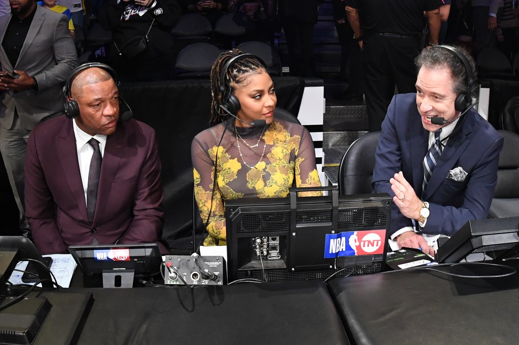 TNT NBA analyst Candace Parker (center) stood by her claim that Jalen Brunson performed poorly in the playoffs last season.