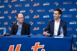 Steve Cohen (L.) and David Stearns at the latter's introductory Mets press conference on Oct. 2, 2024. 