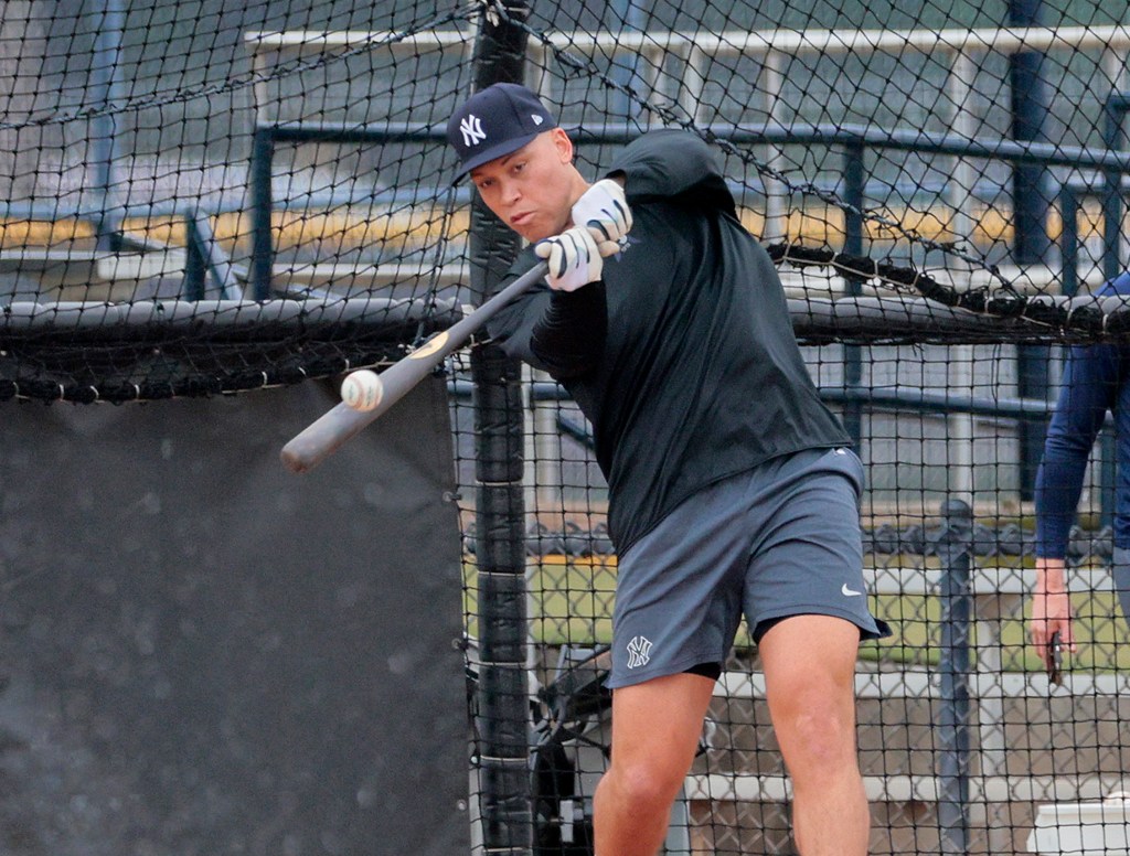 New York Yankees right fielder Aaron Judge hitting in the batting cage at the New York Yankees Minor League complex in Tampa Florida.