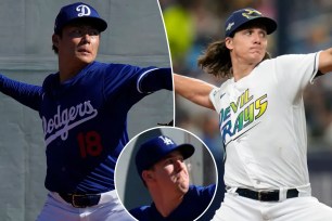 Yoshinobu Yamamoto throws in the bullpen at Dodgers spring training; Tyler Glasnow pitches for the Rays; inset: Walker Buehler