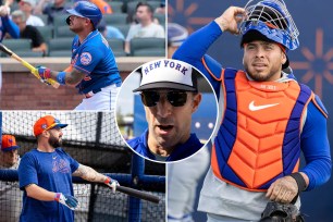 The Mets have Omar Narvaez (top left) and Tomas Nido (bottom left) on the depth chart behind Francisco Alvarez (right), thanks for former GM Billy Eppler (inset).