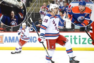 Chris Kreider celebrates after scoring a goal for the Rangers; the Islanders' Denis Potvin lifts the Stanley Cup; the Oilers' Connor McDavid skates