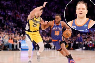 Alec Burks, driving to the basket, and Bojan Bogdanovic made their Knicks debuts in their 125-111 loss to the Pacers.