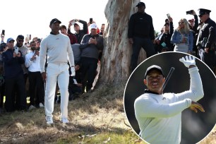 Tiger Woods surveys his third shot from the rough on the 18th hole after a second-shot shank (inset) during the first round of the Genesis Invitational.