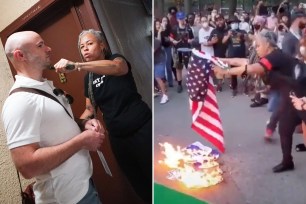 Former Hunter and Cooper Union professor Shellyne Rodriguez seen outside courthouse, pictured looking to camera; at right, screenshot image shows her throwing American flag into fire at protest