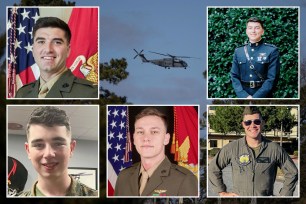 Marines killed in helicopter crash photos as inset images. Helicopter flying in background.