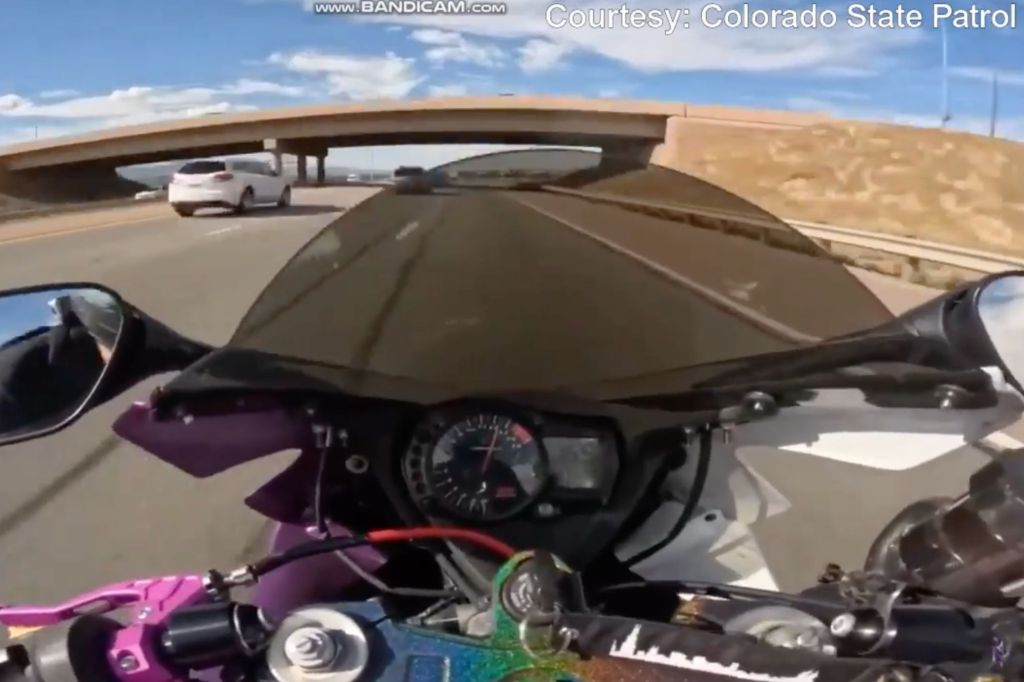 Rendon Dietzmann is seen on video, shared by Colorado State Patrol, racing on his motorcycle at speeds near 150 mph. 