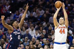 Bojan Bogdanovic, who scored a team-high 22 points, shoots a jumper during the Knicks' 110-96 win over the 76ers.