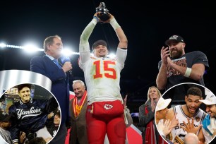 Patrick Mahomes and Travis Kelce on stage after the Chiefs win the AFC Championship game; insets: Joe Torre is lifted up by the Yankees, the Spurs' Tony Parker, Tim Duncan, Manu Ginobili