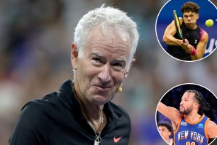 John McEnroe smiles during a tennis exhibition; inset: Ben Shelton, Jalen Brunson