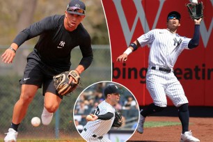 The Yankees' Oswald Peraza does infield practice; Oswaldo Cabrera catches a fly ball; Scott Effross