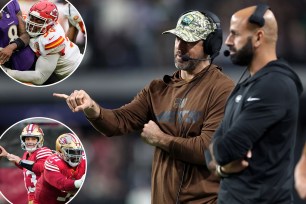 Aaron Rodgers points something out to Jets head coach Robert Saleh; inset: the Chiefs' Chris Jones, the 49ers' Brock Purdy