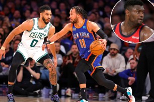 Jalen Brunson is guarded by Jayson Tatum during a Knicks-Celtics game; Zion Williamson