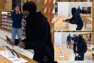 Collaged images of masked man stealing iphone