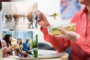 Collage of people eating outside, a woman eating at her desk, and people going to work.