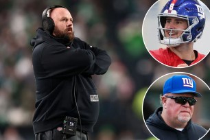 Brian Daboll looks on from the Giants sideline; insets: Daniel Jones, Wink Martindale