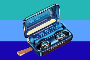 a blue wireless earbuds with a digital clock