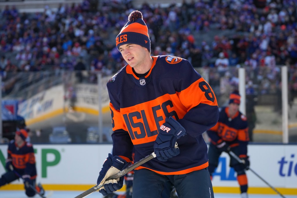 Noah Dobson looks on during the Islanders' loss to the Rangers on Feb. 19, 2024. 