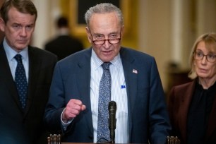 United States Senate Majority Leader Chuck Schumer (Democrat of New York) offers remarks during a press conference following the Senate Democrat policy luncheon