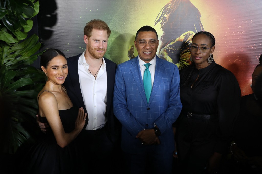 Meghan Markle and Prince Harry on the red carpet at the premiere of "Bob Marley: One Love," in Kingston, Jamaica last month.