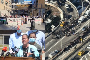 protesters blocking a road while carrying large signs including one woman on a bullhorn; protesters seen from overhead, blocking traffic on a highway; amato at a podium at a news conference