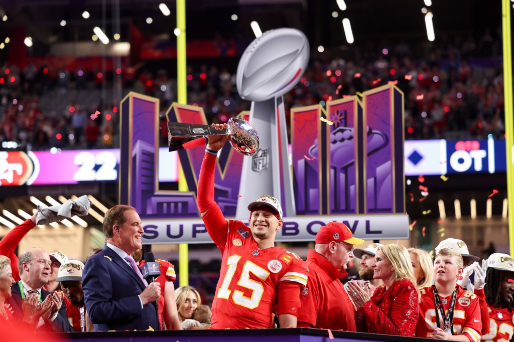 Patrick Mahomes celebrates the Super Bowl victory, correctly predicted by Peter Schrager.