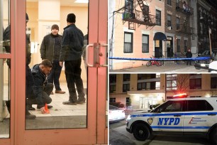 Police at the scene where a person was shot inside of 535 Union Avenue in the Bronx around 10:45 p.m. Friday. Photos of cops, the building and and a cop car outside the building.