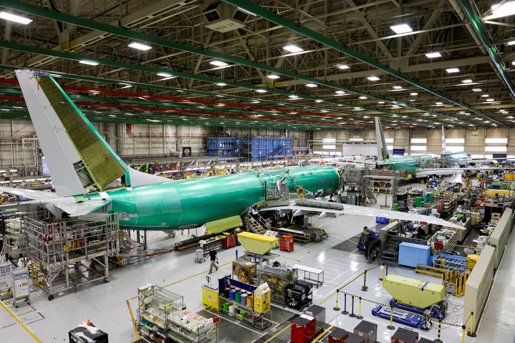 The production line for the Boeing P-8 Poseidon maritime patrol aircraft is pictured at Boeing's 737 factory in Renton, Washington.