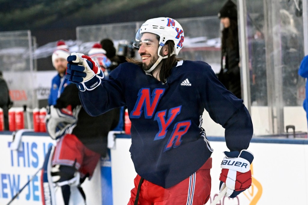 Rangers center Mika Zibanejad reacts at practice on Friday, Feb. 16 for their Stadium Series game against the Islanders at Metlife Stadium. 