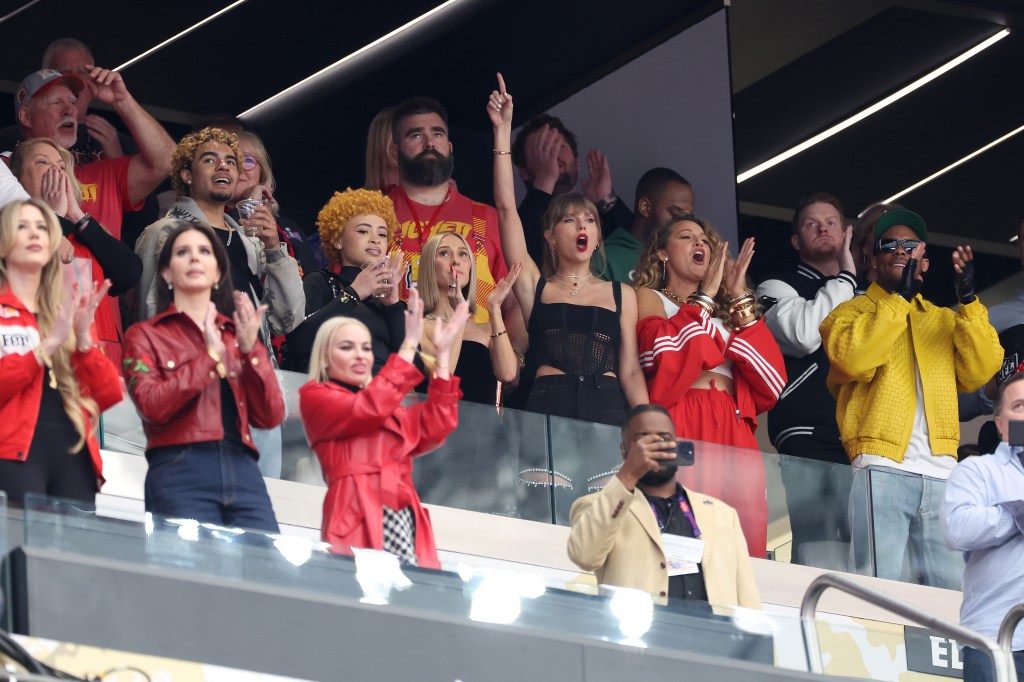 Rapper Ice Spice, Jason Kelce, Singer Taylor Swift and Actress Blake Lively react prior to Super Bowl LVIII between the San Francisco 49ers and Kansas City Chiefs at Allegiant Stadium on February 11, 2024 in Las Vegas, Nevada.