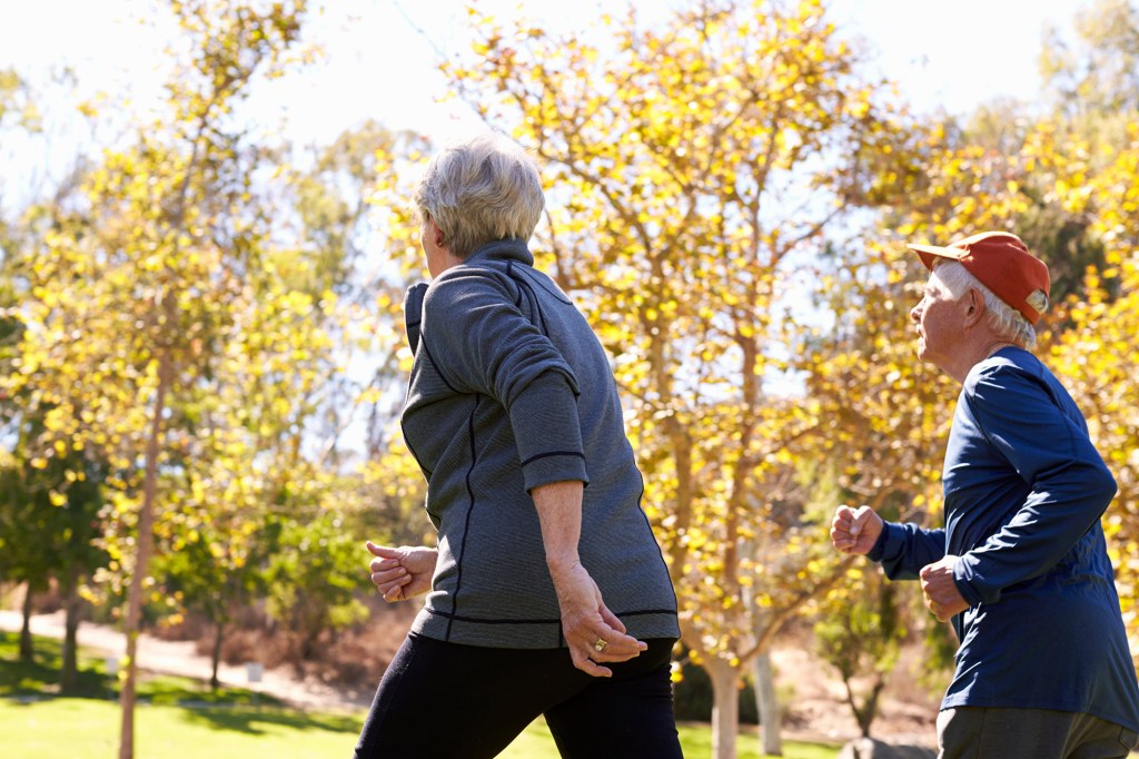 Rear view of senior couple power walking in a park