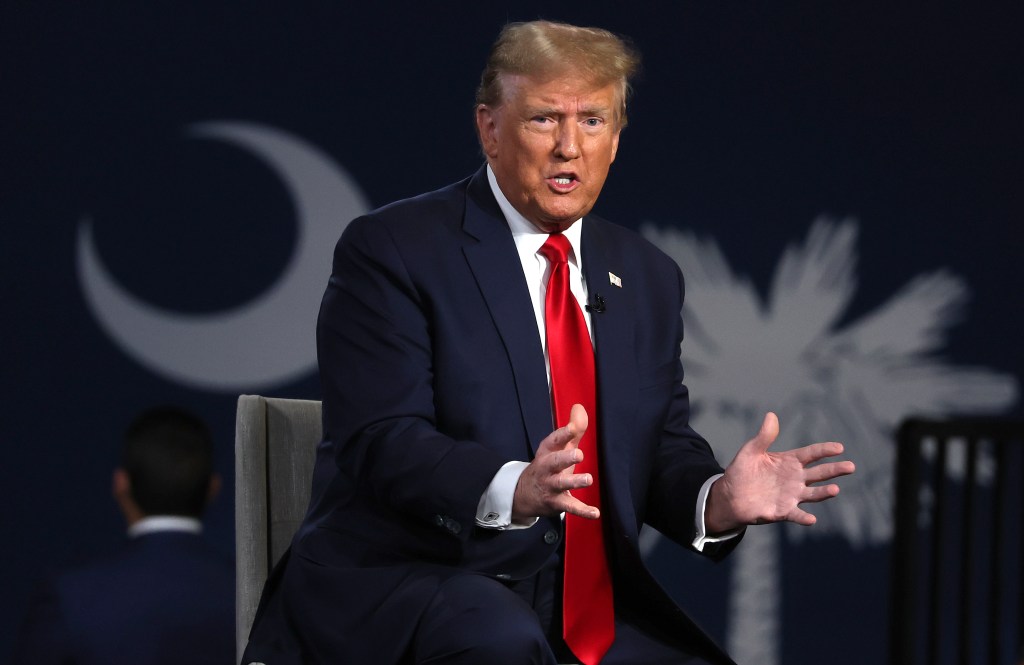 Republican presidential candidate, former U.S. President Donald Trump speaks during a Fox News town hall at the Greenville Convention Center on February 20, 2024 in Greenville, South Carolina.