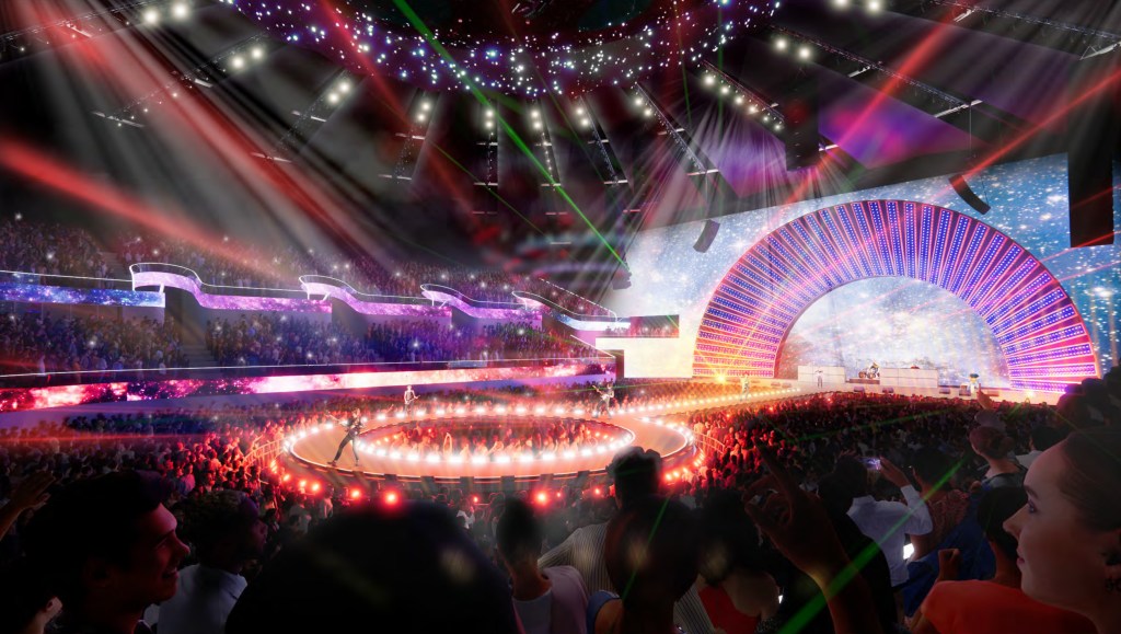 A rendering of a 7,000 seat concert hall proposed for Aqueduct Resorts World casino, with people gathered in the audience