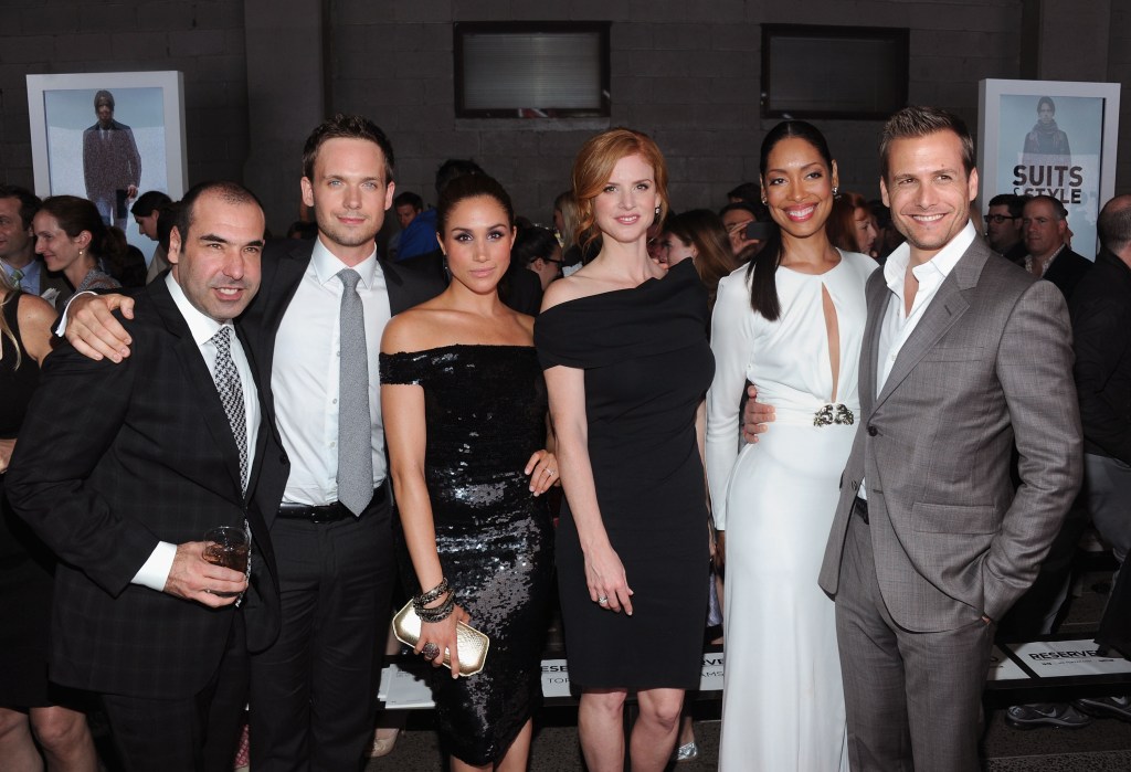 The "Suits" cast in 2012 (left to right): Rick Hoffman, Patrick J. Adams, Meghan Markle, Sarah Rafferty, Gina Torres and Gabriel Macht.
