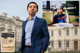 Rob Henderson poses with an inset of his new book and a childhood photo