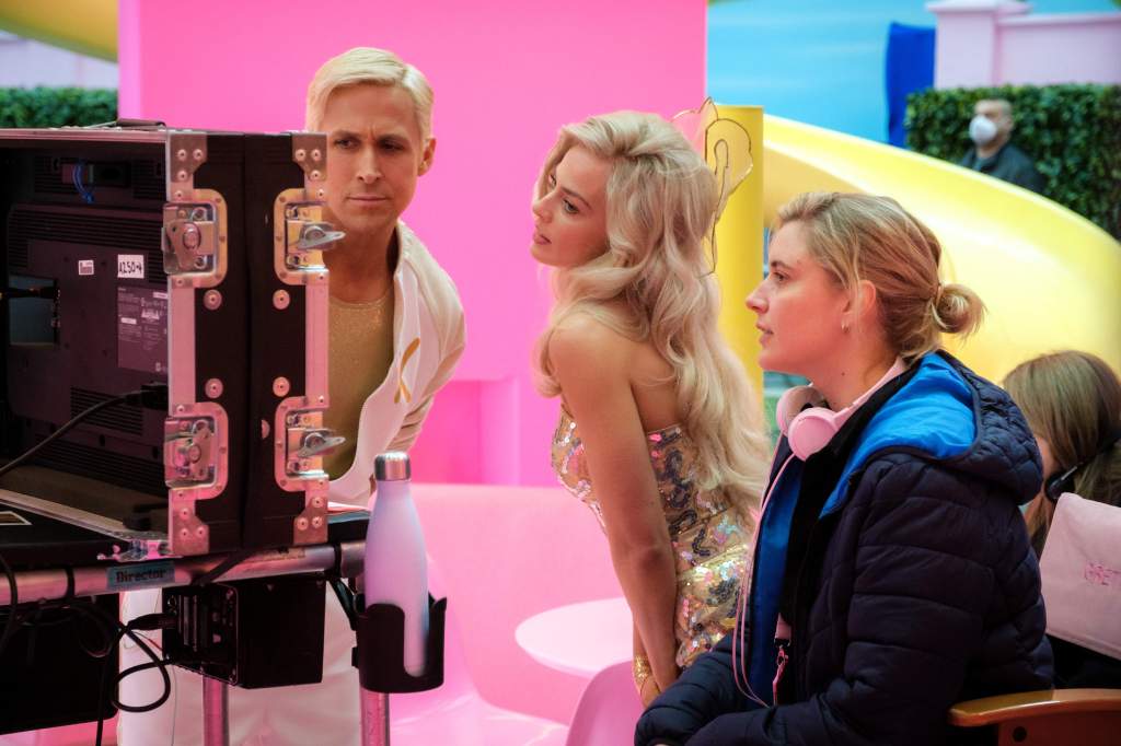 Ryan Gosling, Margot Robbie, and Greta Gerwig on the set of "Barbie."